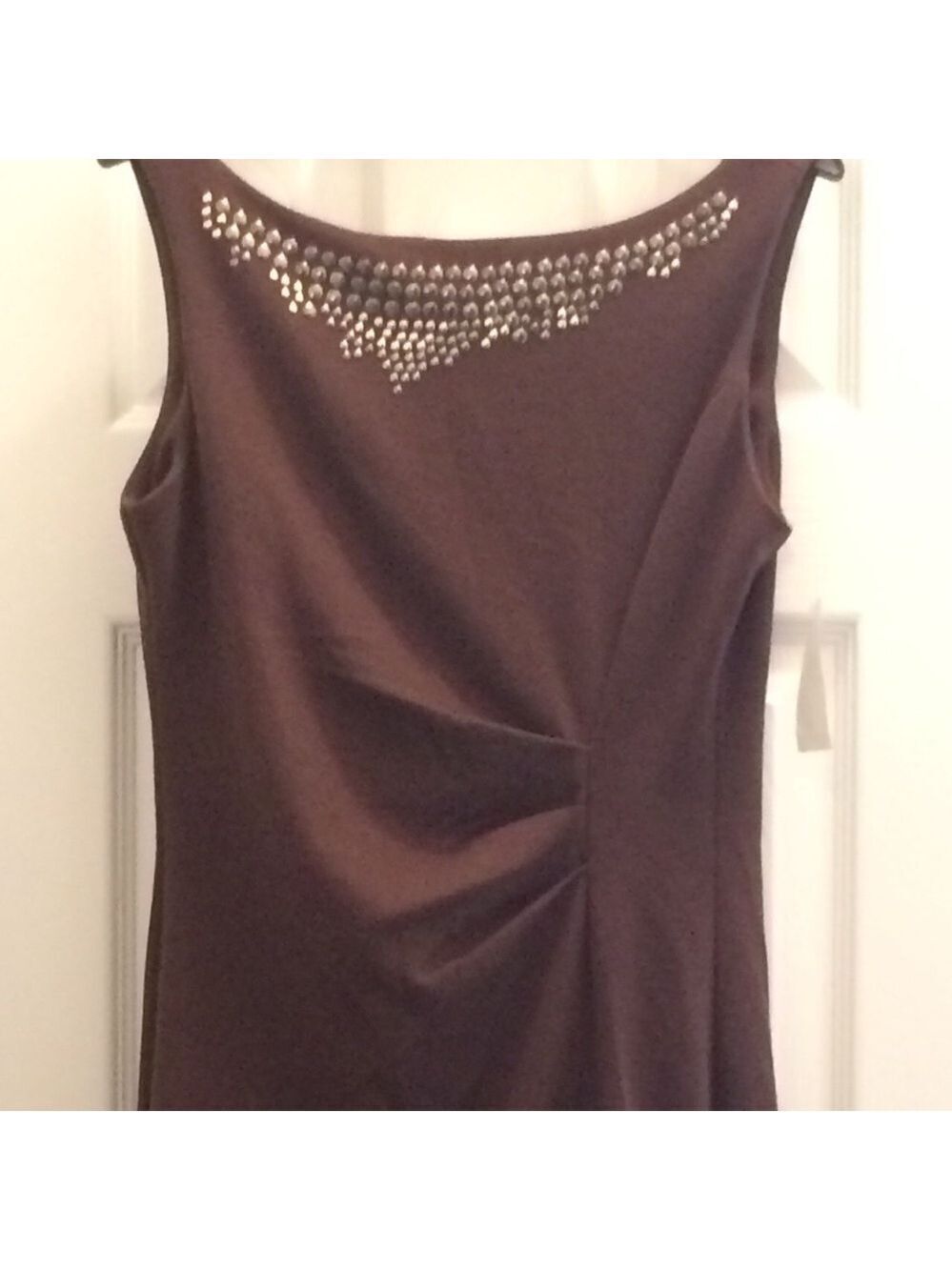 JONATHAN MARTIN Chocolate brown metallic trim asymmetrical neck sheath dress
